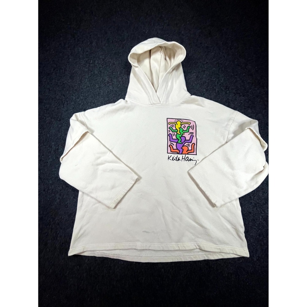 H&M Keith Haring Hoodie Kids 8-10 Cream Graphic Double Sided Pullover Sweatshirt